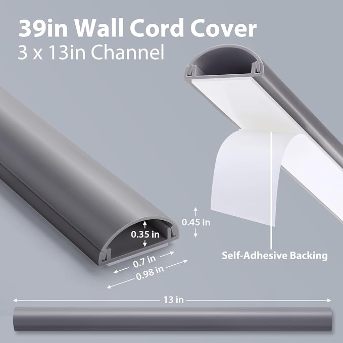 ZhiYo 39in Cord Covers for 1-2 Wires on Wall, 1" W x 0.4" H, Grey | Curved Design, Low-Profile Cord Hider, Self-Adhesive Cable Management Raceway for Wall-Mounted TV Wires,3 Pack (13" Each)