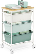 Slim Rolling Storage Cart with 3 Drawers, Craft Organizer, Wooden Tabletop Utility Cart for Bedroom, Children's Room and Office Organization, Under Desk Trolley with Lockable Wheels, Green