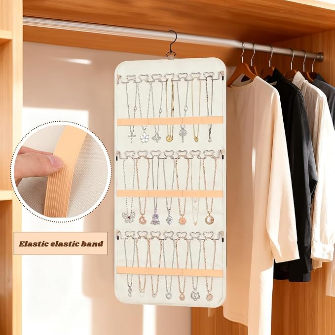 Hanging Jewelry Organizer Storage Roll with 48pcs Pocket Double Sided Rotating Hanger Necklace Hanging Wall Organizer with Hanger Hooks(COLOR:white)