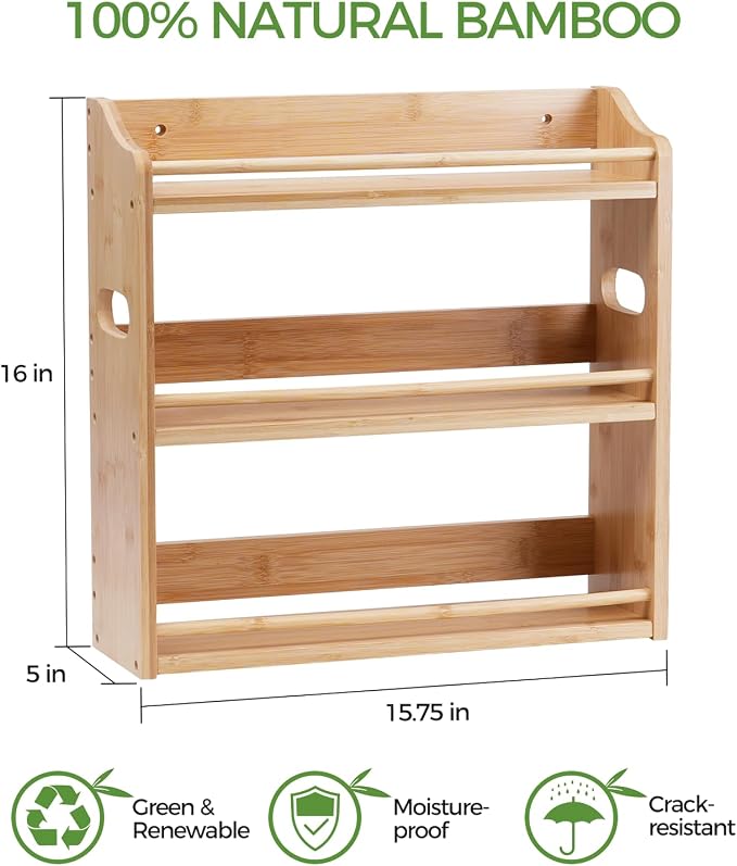 3 Tier Bamboo Spice Rack, Spices Storage Shelf with Handles, Seasoning Jars Organizer for Kitchen Counter or Wall Mounting