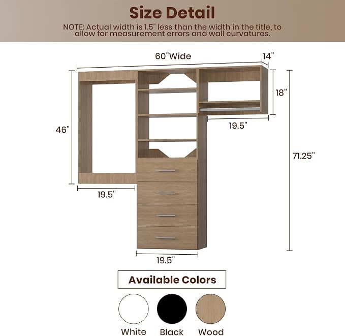 ROOMTEC Modular Closet System, 60" Wall Mounted Closet Organizer with Hanging Rods and Drawers, Modern Wooden Tower for Walk-In Closets, Wardrobe Storage Kit, Wood