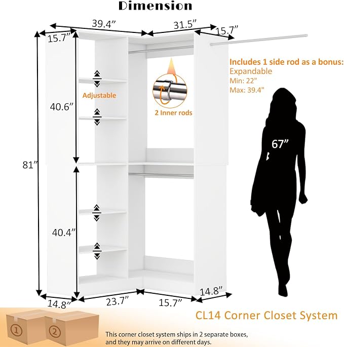 Corner Closet System, 39.4" * 31.5" L Shaped,3 Rods,6 Shelf,White | Custom L Shaped U shaped Storage Organizer,3 Hanging Rods 6 Shelves,Walk in Freestanding Unit, White,Modular with Other Units