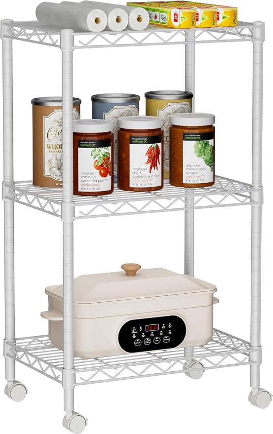 Golpart Small Shelves Storage Wire Metal Adjustable Shelf Unit with Wheels | 3 tier Shelving Organizers Storage Shelving for Bathroom Laundry Room Kitchen Pantry 11.7”D x 17.7”W x 30.7”H White