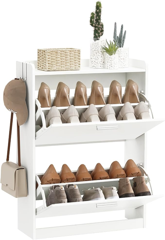 Shoe Cabinet Organizer with 2 Flip Drawers & 2-Tier Adjustable Shelves, Freestanding Shoe Rack Cabinet, Narrow Shoe Storage for Entryway, Foyer, Hallway, 23.6" W × 8.7" D × 33.1" H, White