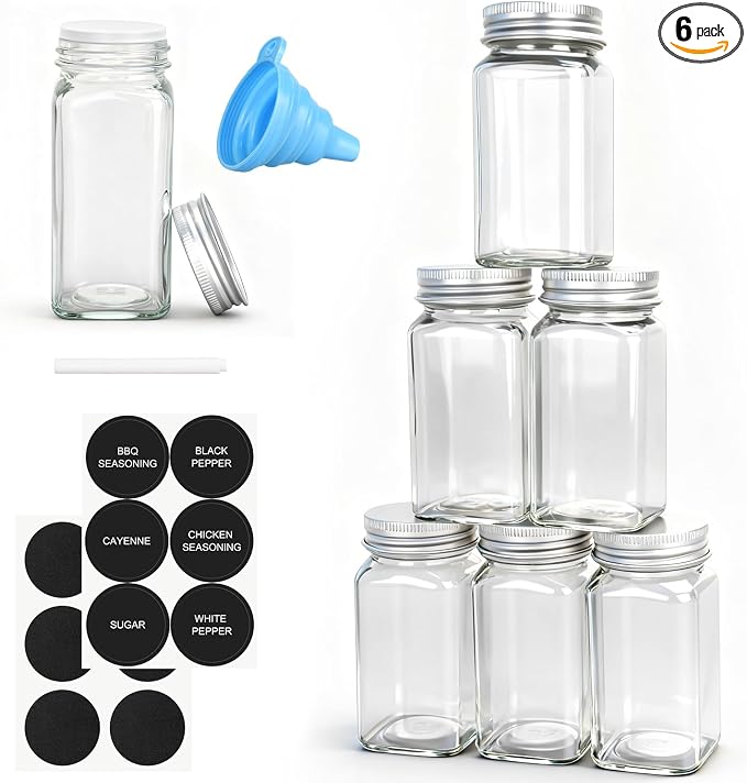 DkOvn 6pcs Glass Spice Jars, 4oz Empty Spice Jars | with Metal Caps, Labels, Shaker Lids, Collapsible Funnel, Chalk Pen, Seasoning Organizer for Spice Rack
