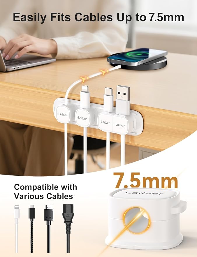 6 Pack Magnetic Cable Clips [1s Open/Lock], Cord Organizer Holder | Strong Adhesive Desk Cable Management- Organize Charging Cords Neatly for Home, Office, Car,Desk, Nightstand