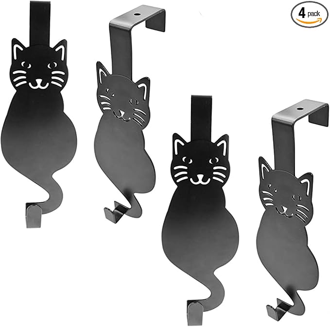 Evelots Over the Door Cat Hooks - 4 Pack - Strong Metal Kitty Decoration - Perfect for Coats, Handbags, Hats, Towels, Wreath Hanger Etc. - Hold up to 20 Pounds - Easy to Install - Rust Free