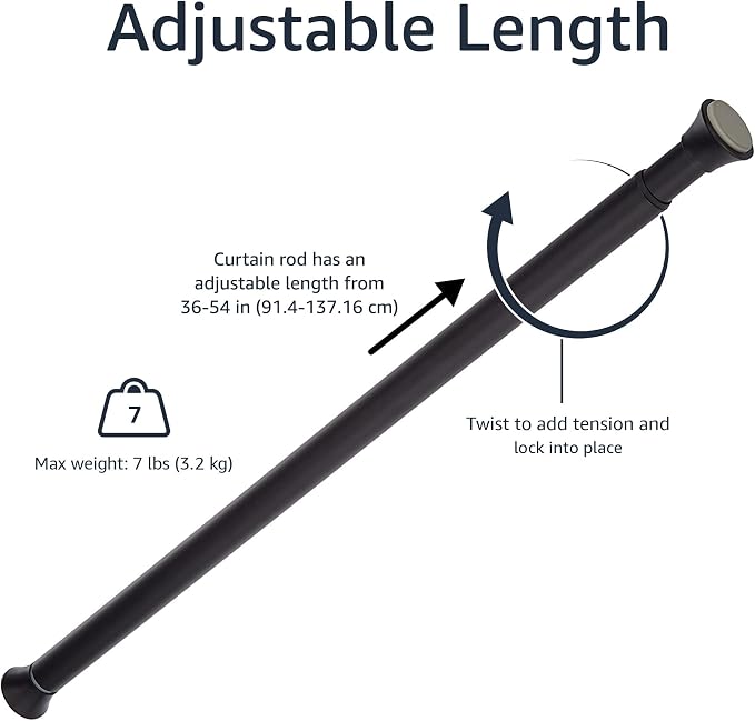 Amazon Basics Adjustable Sturdy Spring Tension Curtain Rod, No Drilling/No Holes, 36-54", Black, Classic Finial