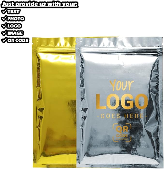 100PCS Customized Resealable Mylar Bag Foil Flat Packaging Bag with Tear Notch,Single-Color Printing for LOGO,QR Code,Text (Gold, 16 * 24CM/6.3"*9.5"-100PCS-One Color Print)