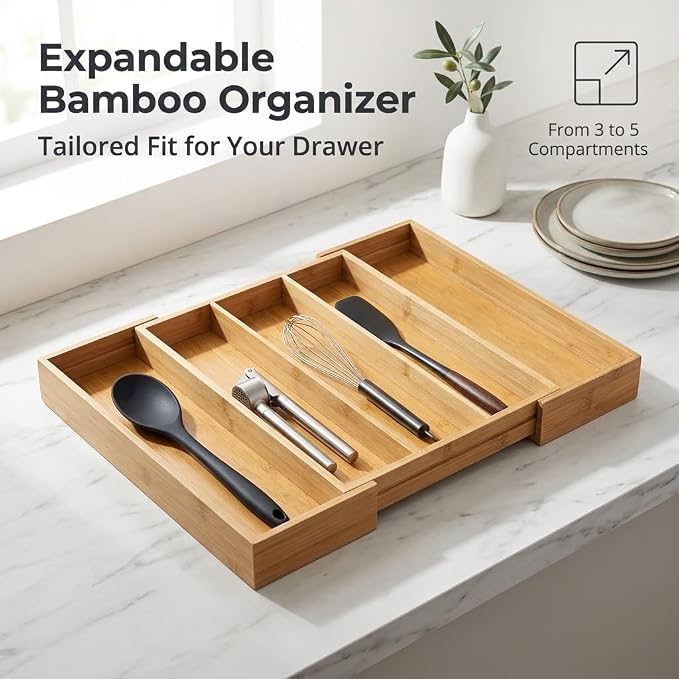 FUSHITON Expandable Bamboo Drawer Organizer, Adjustable Utensil Tray for Knives and Cutlery, Natural Wood Silverware Organizer for Kitchen, Bathroom