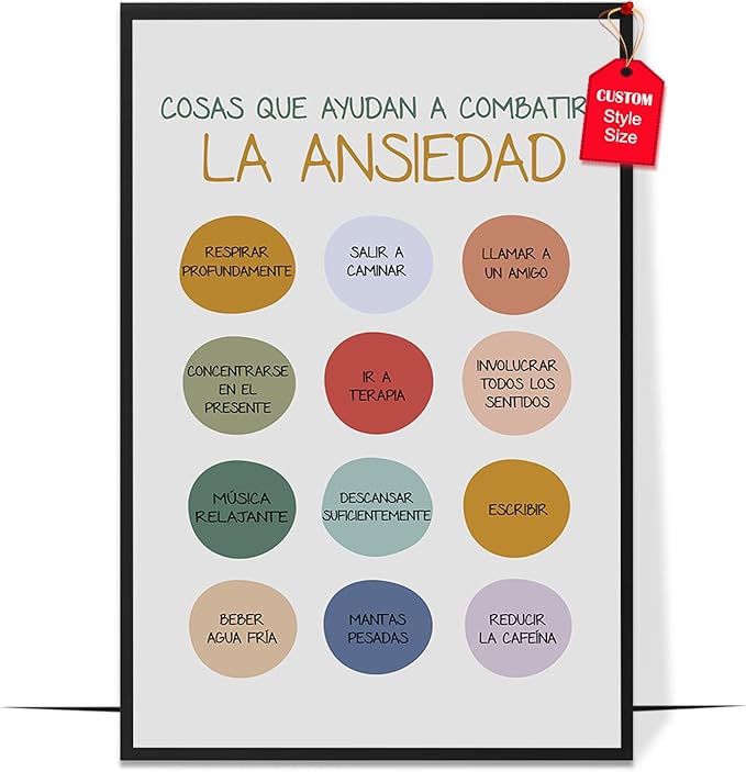 LOLUIS Mental Health Poster, La Salud Mental Spanish Learning Tools Educational Supplies Art Print (Ansiedad, Custom Frame Type)
