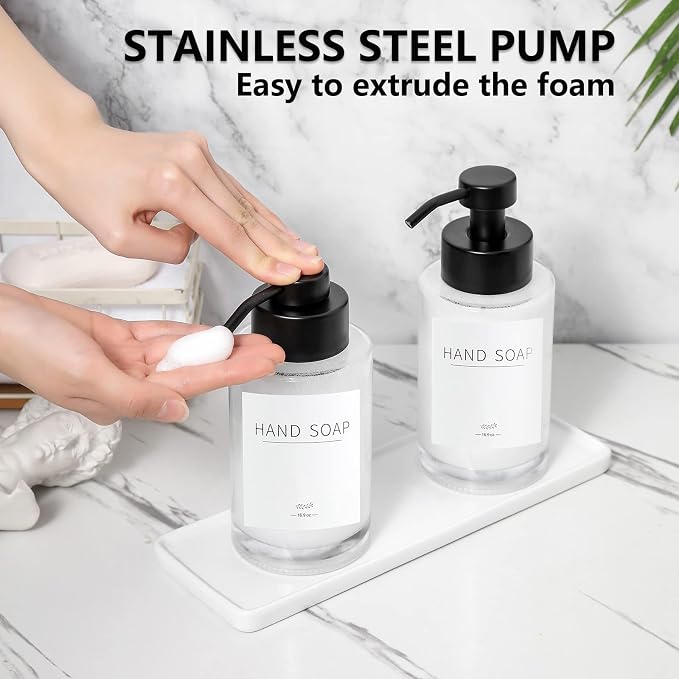 Foaming Soap Dispenser Set, 12 Oz Glass Hand Soap Dispenser with 304 Rust Proof Stainless Steel Pump, Waterproof Labels, for Bathroom Decor Kitchen College Dorm, Clear Black Pump 2 Pack | Rust Proof Black Pump, Sturdy, Clear Empty Foam Bottle with Wate...