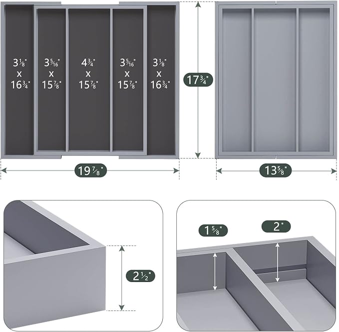 Large Kitchen Utensil Drawer Organizer - Expandable 5 Slots Cooking Utensil Organizer Multipurpose Silverware Organizer for Storage Repair Tools, Painting Tools W13.7"-19.9" x L17.6" X H2.5" (Grey)