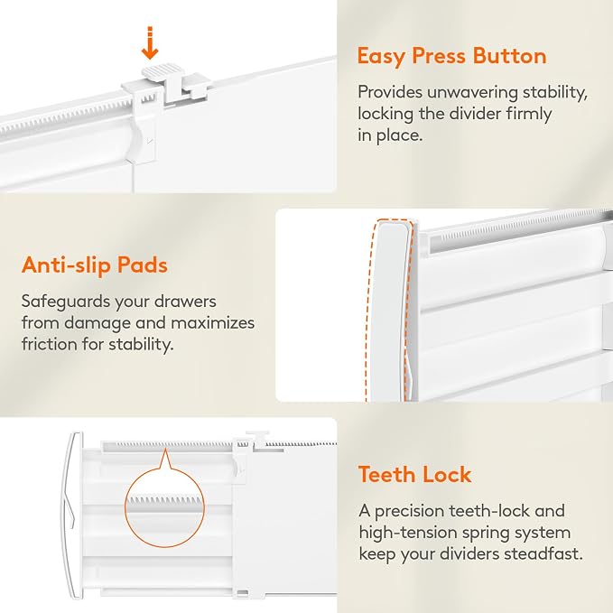 Lifewit 6 Pack 5" High Drawer Dividers for Clothes, 11.5"-18.5" Expandable Dresser Drawer Organizers, Adjustable White Plastic Separators for Kitchen, Cabinet, Nursery, Socks & Underwear Storage