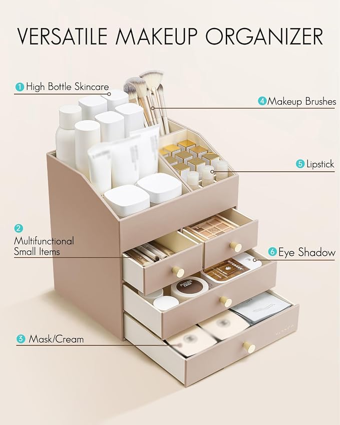 VLANDO Makeup Organizer,Vanity Organizer with Drawers, PU Leather Skincare Organizer Perfume Organizer,Large Cosmetic Display Case for Lipstick,Brushes Gifts for Women, Toffee, 4 Layer