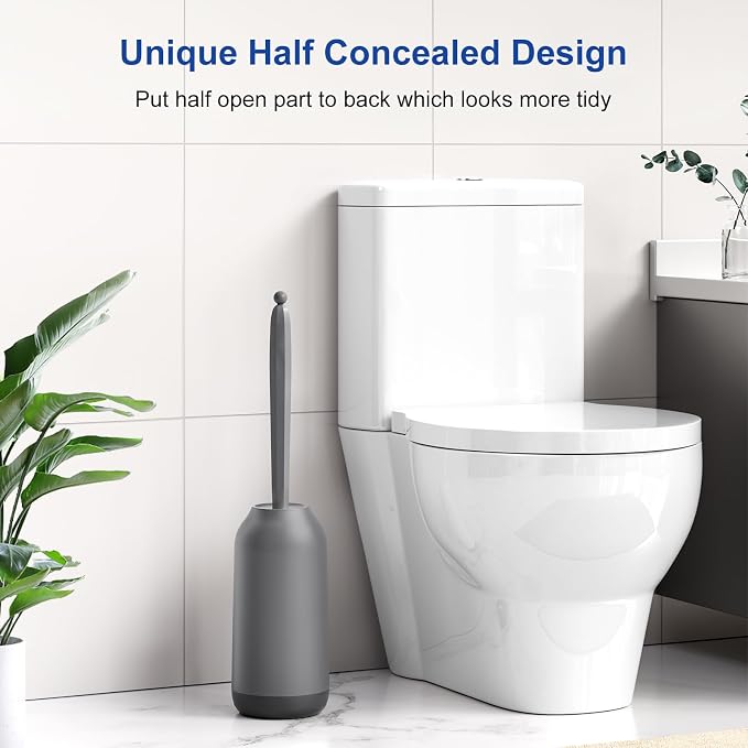 HAMITOR Toilet Bowl Brush Holder Set: Deep Cleaning Silicone Toilet Cleaner Scrubber Under Rim with Curved Bristle for Bathroom Dead Corner Clean - Modern Rv Toilet Decorative Accessories - Gray