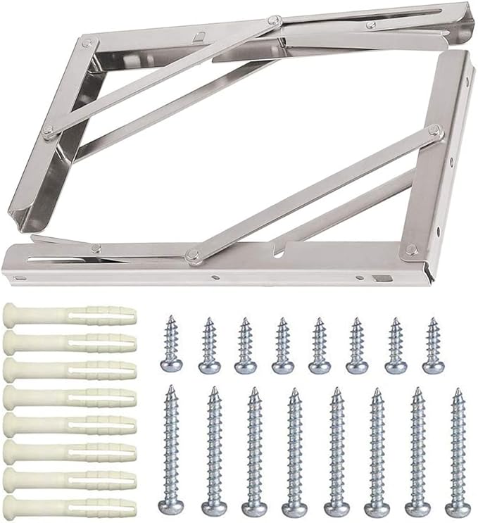 12 Inch Folding Shelf Brackets, 2 Pack Stainless Steel Heavy Duty L Bracket | Max Load 330 lb, Space Saving Design for DIY, Wall Mounted Collapsible Folding Shelf Bracket Support for Workbench, Garage