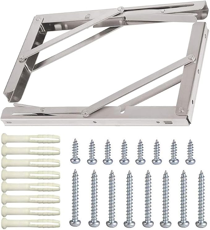 10 Inch Folding Shelf Brackets, 2 Pack Stainless Steel Heavy Duty L Bracket | Max Load 330 lb, Space Saving Design for DIY, Wall Mounted Collapsible Folding Shelf Bracket Support for Workbench, Garage