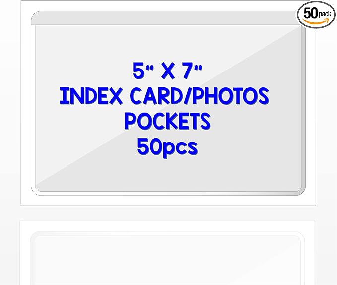 IMAGAME Clear Adhesive Index Card Pockets, 5" x 7", 50 Pack | Top Open for Loading, Plastic Labels Holders, For Storage Bins and Library Card, Organizing and Protecting Cards or Photos