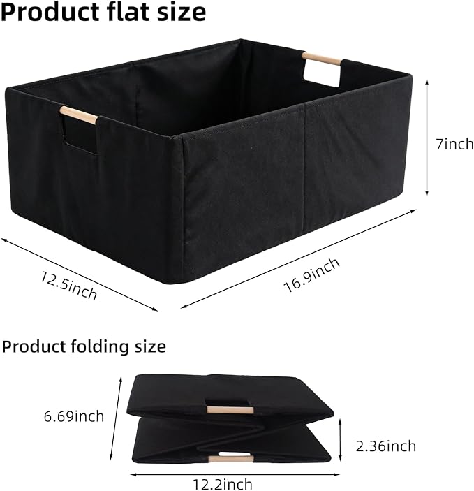 1Pcs Black basket Black Storage Baskets Linen Decorative Storage Bins with Wooden Handles Foldable Rectangular Storage for Shelves, Closets, Home, Office