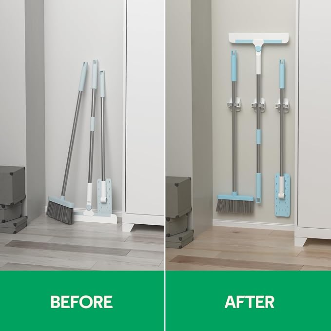 reliahom Broom Holder Wall Mount Mop Grippers organizer wall hanging, 3Pack | No Drilling Self Adhesive Easy install Anti-Slip Mop Broom Hanger Storage Rack for Kitchen,Laundry Room,Garden,Garage