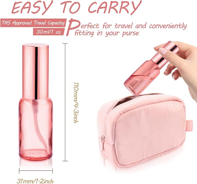 6 Pack 1 Oz Pink Glass Spray Bottles,Empty Perfume Fine Mist Atomizer,Rose-Golden Pump Head Travel Liquid Holder Containers for Cologne,Essential Oils,Body Sprays