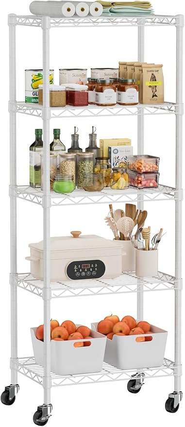 Golpart Small Shelves Storage Wire Metal Adjustable Shelf Unit with Wheels | 5 tier Shelving Organizers Storage Shelving for Bathroom Laundry Room Kitchen Pantry 11.7”D x 17.7”W x 57.2”H White