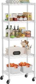 Golpart Small Shelves Storage Wire Metal Adjustable Shelf Unit with Wheels | 5 tier Shelving Organizers Storage Shelving for Bathroom Laundry Room Kitchen Pantry 11.7”D x 17.7”W x 57.2”H White