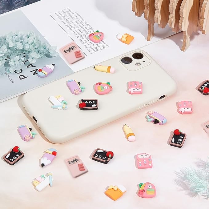 SUNNYCLUE 100Pcs 10 Styles School Cabochons Resin Charms Back to School Supplies Pencil Eraser Blackboard Ruler 3D Cabochons for Embellishments Flat Back Scrapbooking Hair Clips DIY Crafts for Adult