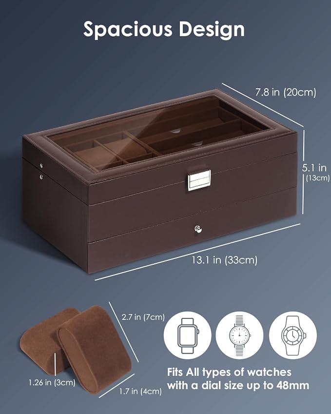 Kukikan Watch Jewelry Box Organizer, 6-Slot 2-Layer Watch Case and Sunglasses Storage with Large Glass Lid, Men's Jewelry Box with Lock, Watch Holder Display Case, Fathers Day Gift for Dad