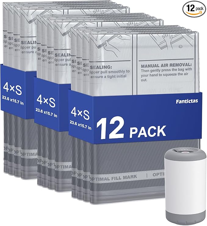 Fantictas Vacuum Seal Bags for Clothing with Rechargeable Air Pump, 12 Pack | Portable Space Saver Bags, Compression Bags for Clothing, Bedding, Seasonal Storage & Packing Bags for Moving, Small