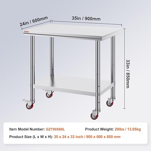 Vevor Mophorn Stainless Steel Work Table 36x24 Inch with 4 Wheels, Casters Heavy Duty Food Prep Worktable for Commercial Kitchen Restaurant, Silver | with 4 Wheels, for Commercial Kitchen Restaurant, Silver