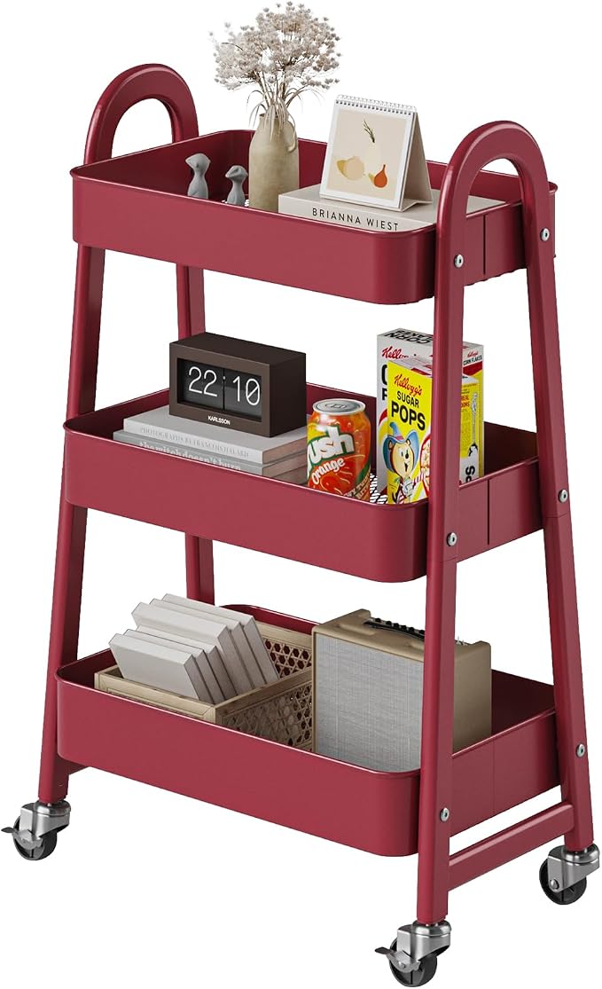 DUMOS 3 Tiers Rolling Cart, Utility Cart, Metal, White | Mobile Storage, Lockable Wheels, Utility Shelving Unit, Kitchen, Bathroom, Laundry, Narrow Places