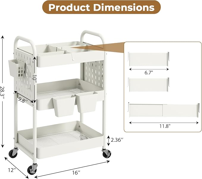 danpinera Craft Cart, Black Rolling Cart with Retractable Dividers & DIY Pegboards for Kitchen, Bedroom, Laundry