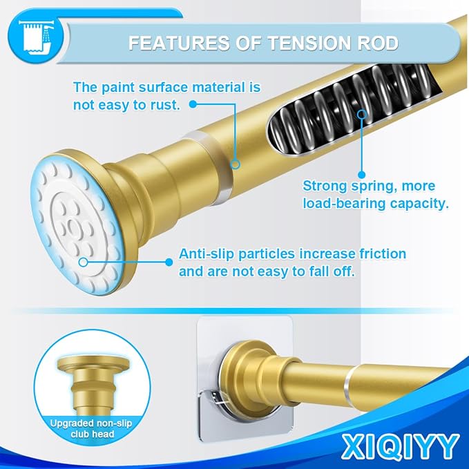 Gold Shower Curtain Rod 28-48 Inches, Adjustable Tension Rod | Spring Tension Sets It in Place with No Drilling, Built in Stainless Steel