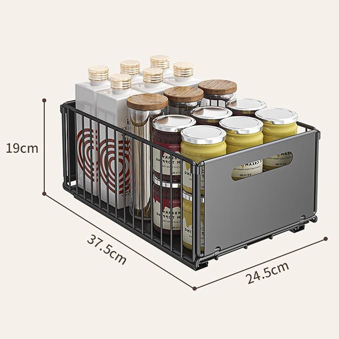 2 Pack Pull Out Cabinet Organiser, Slide Out Under Sink Storage Basket with Rails, No Drill Kitchen Cupboard Drawer Organiser, Heavy Duty Carbon Steel Pantry Storage Rack