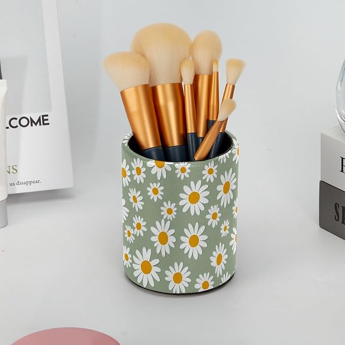 Light Green and Daisy Pen Holder Pencil Organizer for Desk, 3.1” x 3.1” x 3.9” Pencil Cup Office Supplies, Large Capacity Cute Pen and Makeup Brush Holder for Home, School, Desktop