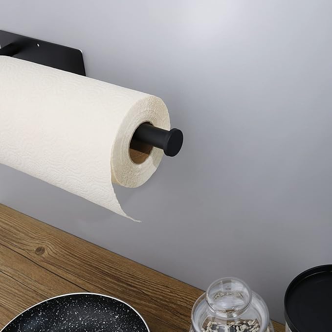Paper Towel Holders for Kitchen- Under Cabinet Paper Towel Holder Roll Back for Bathroom Towel, Wall Mounted Black Paper Towel Rack 304 Stainless Steel, Adhesive or Drilling Mounting