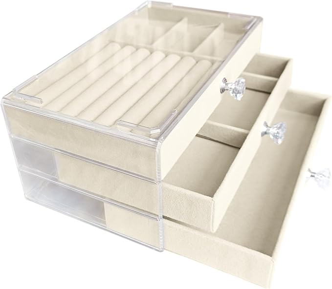 Clear Acrylic Velvet Jewelry Organizer with 3 Drawers, Stackable Display Storage Earrings Necklace Rings Bracelets Box Holder Case for Women, Beige