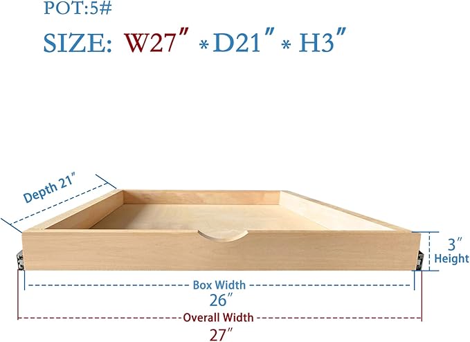 Soft-Closing Drawer, Wood Pull Out Tray Drawer Box Kitchen Cabinet Organizer, Cabinet Slide Out Shelve, Wooden Pull-Out Shelf-Fast and Easy D.I.Y. (27" W×21" D×3" H)