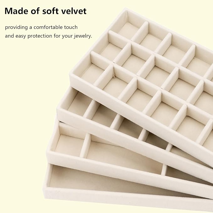 Velvet Jewelry Organizer for Drawer, Stackable Jewelry Drawer Inserts in Dresser, 8in Beige Storage Display Case for Rings Stud Necklaces Accessories, Set of 12