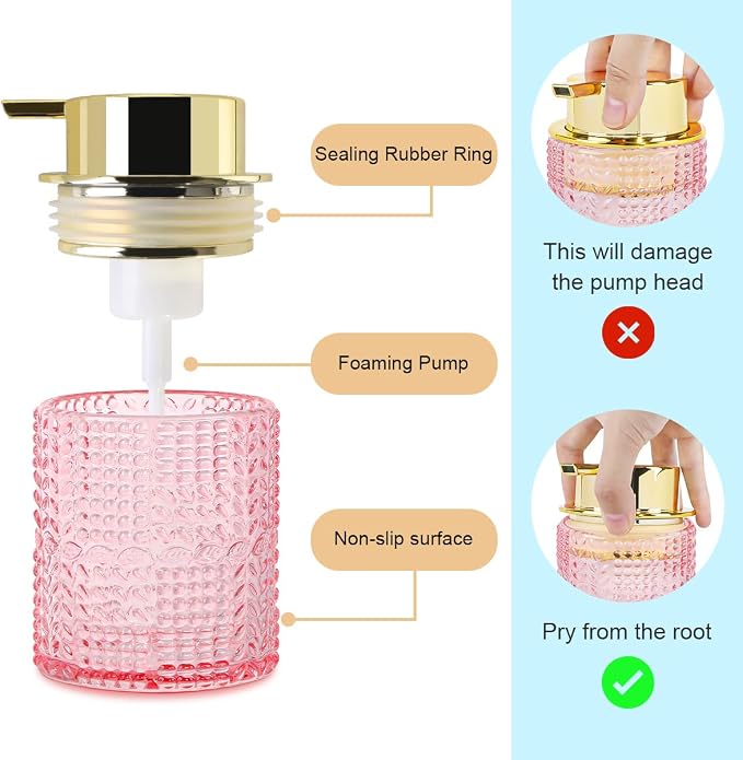 2pcs Glass Foaming Soap Dispenser, Pink Bathroom Foam Hand Soap Dispenser with Gold Pump, Refillable 10 Oz Lotion Shampoo Pump Dish Bottle Container for Bathroom Kitchen Decor