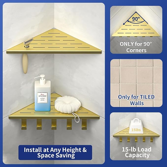 10‘’ Corner Shower Shelf | 304 Stainless Steel Shelves for Bathroom, Grout in Shelf with Hooks for Tiled Wall (Gold)