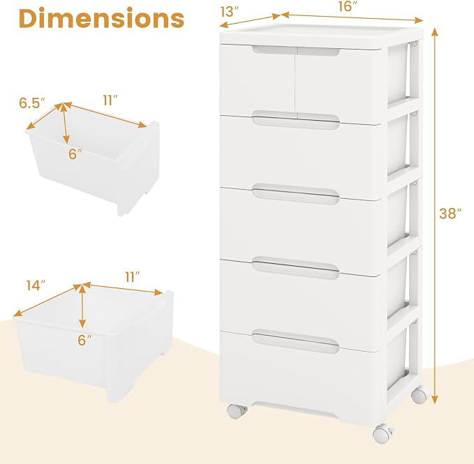 LOKO 6-Drawer Plastic Rolling Storage Cart (16"x13"x38") | Mobile Storage Cabinet | Vertical Storage Tower Container Unit | 4 Universal Wheels | For Living Room, Home Office