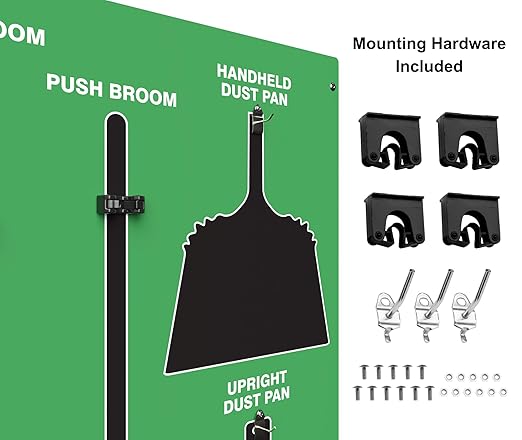 Clean & Sweep 5S Shadow Board/Wall Mount Broom Holder, 68" x 30" Board, 5S Cleaning Station - with Broom and Dustpan Set Included, Made in The USA by AccuformNMC, Green/Black, PSB716GNBK