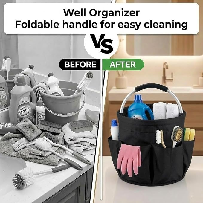 Foldable Cleaning Caddy with Handle 17L Large Cleaning Supplies Organizer 600D Oxford Portable Bucket Basket with 6 Pockets for Home Bathroom Garden Garage - Black