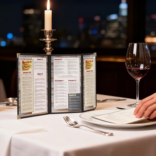 Goodsmart Restaurant Menu Covers – 25 Pack Black 6 Views Trifold, Side-Loading Menu Holders, Vinyl & Plastic Menu Covers, Clear Menu Sleeves, 8.5" x 14" & 4.25" x 14", Café Style with Gold Corners