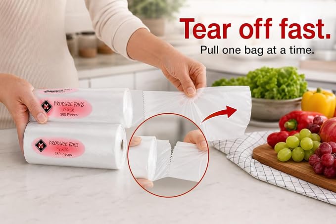 Plastic Produce Bags for Food Storage - 12"x20" Clear Grocery Bag for Fruits, Vegetables, Bread - Easy Peel-Off Design, Continuous Roll, 1.75" Core, Pack of 720 Bags [2 rolls]