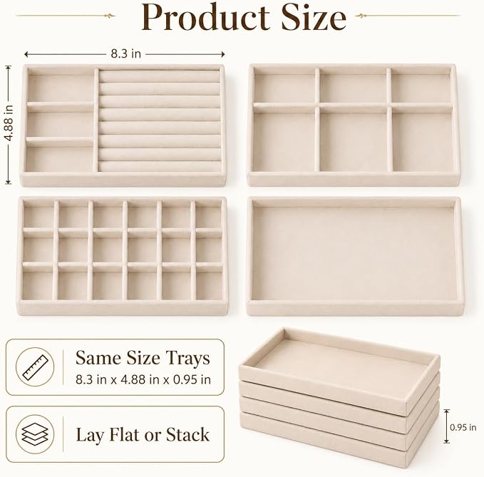 4 Pack Stackable Jewelry Organizer Tray Set - Velvet Display Case | for Rings Earrings Necklaces, for Drawer Organization, Can Stacked