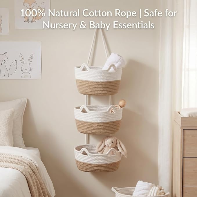 Hanging Basket, Woven 3 Tier Over Door Basket with 4 Hooks | Hanging Storage Basket for Door, Wall, Nursery, Bathroom, Bedroom, Decorative Over Door Basket with Cute Cat-Like Style